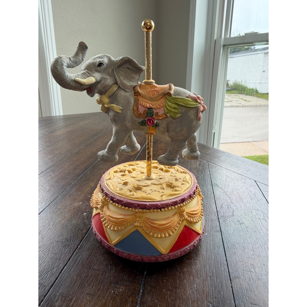 Vintage Carousel Elephant Music Box Circus Theme Grey Gold Wind Up Figurine